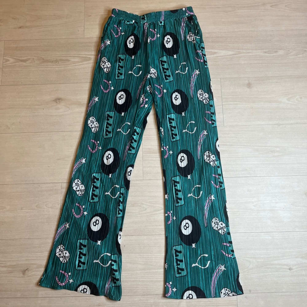 Dressed in Lala Green Plisse Pleated Wide Leg  'Make A Wish' Print Pants Sz S
